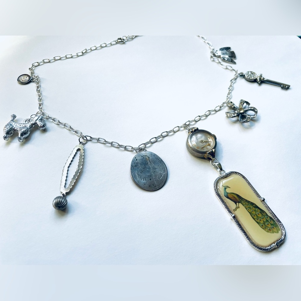 Silver Found Object Charm Necklace With Peacock Charm - Picture 3 of 6